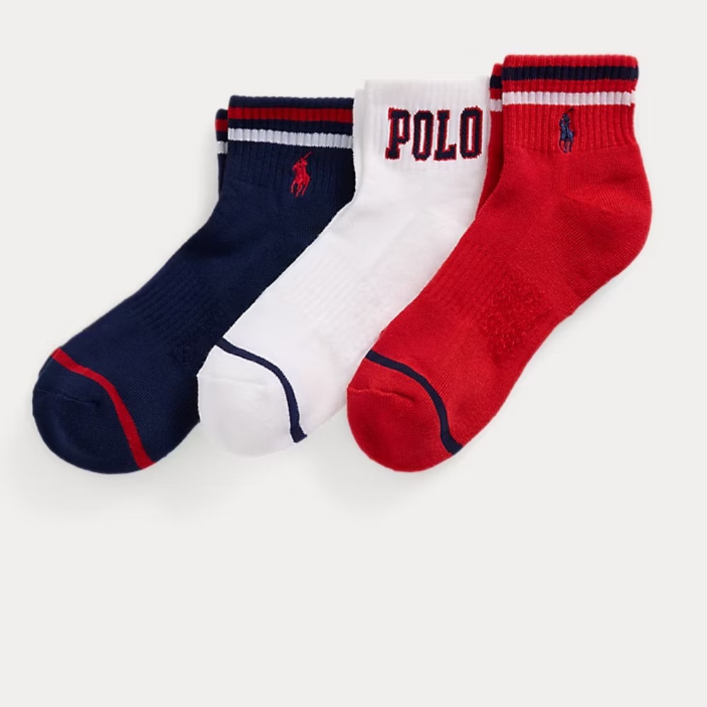 Ralph Lauren Logo Quarter-Length Boys  Socks Red White & Blue Size 9-11
